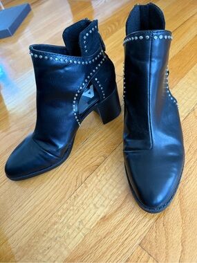 Women's Black Studded Leather Booties with Cutout Heel